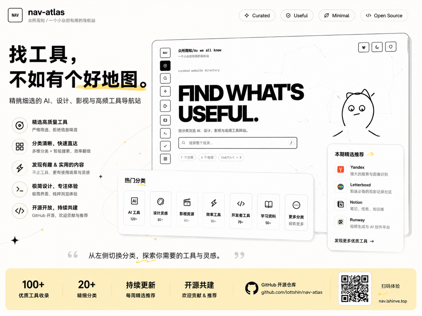 nav-atlas 导航站案例图，展示项目定位、首页界面、热门分类和开源信息